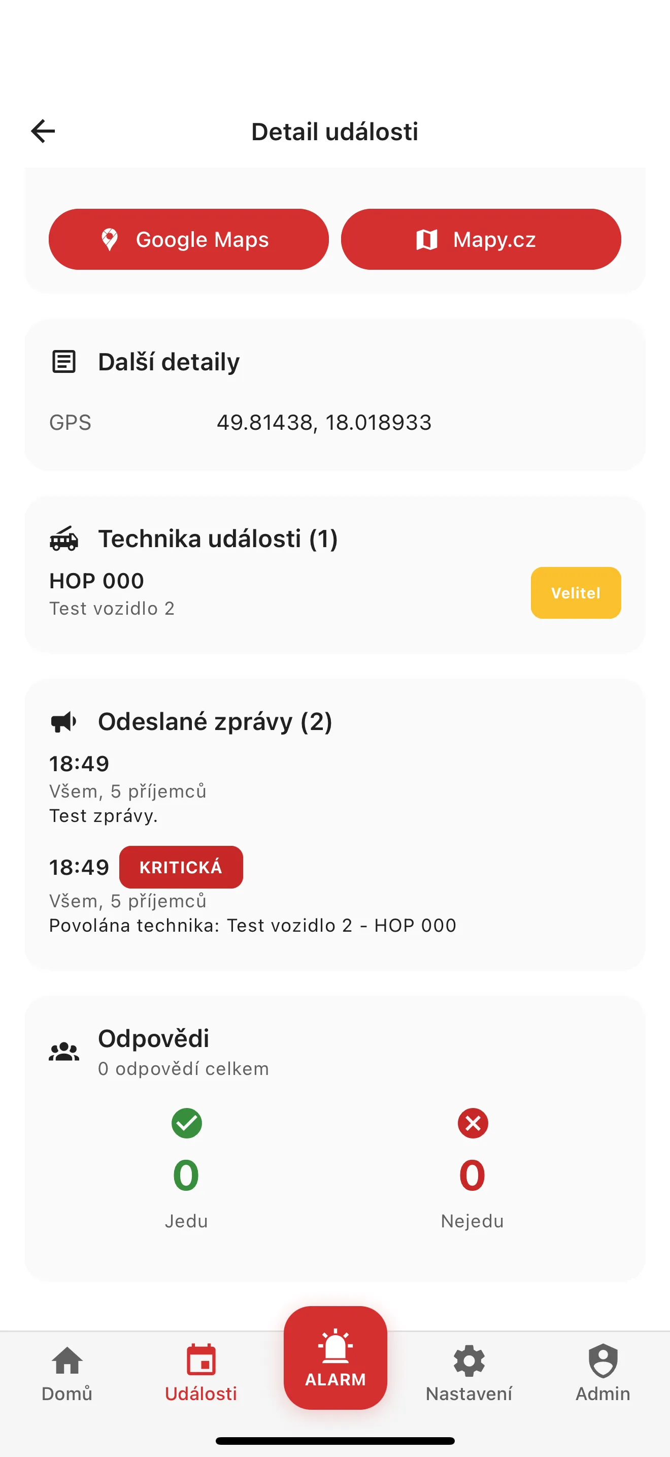 Detail události v mobilní aplikaci s tlačítky pro navigaci do Google Maps a Mapy.cz, GPS souřadnicemi, povolanou technikou a přehledem odpovědí Jedu a Nejedu